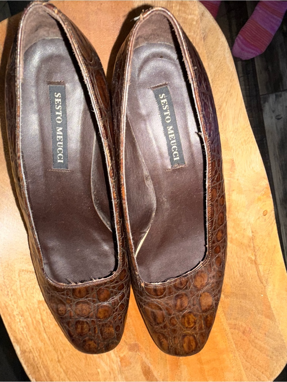 Sesto Meucci Brown Croc-Embossed Leather Square-Toe Flats